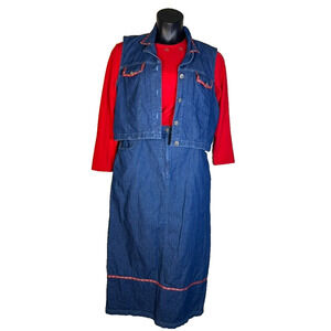 Denim Jean Skirt Vest Red Shirt 3 Piece Set Teacher Retro 90's Size Large 14 Vtg